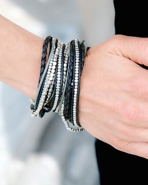 Handcrafted silver and black beaded wrap bracelet — ethically sourced bohemian jewelry made in India by Guru For Life