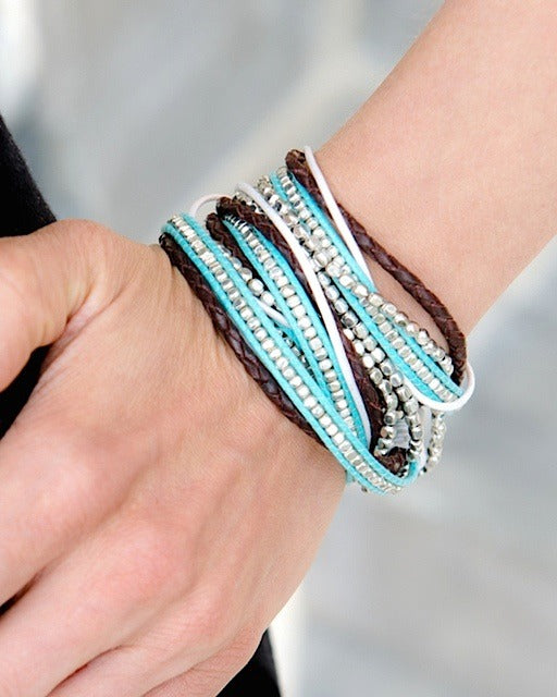 Handcrafted turquoise and brown beaded wrap bracelet — ethically sourced bohemian jewelry made in India