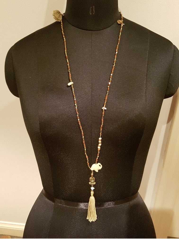 Handcrafted natural elephant and tassel mala necklace with wood beads — bohemian spiritual jewelry made in India