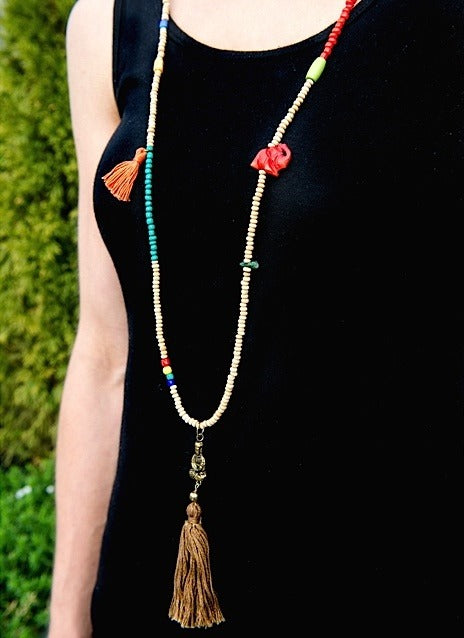 Handcrafted elephant and tassel mala necklace with beads — ethically sourced bohemian spiritual jewelry made in India