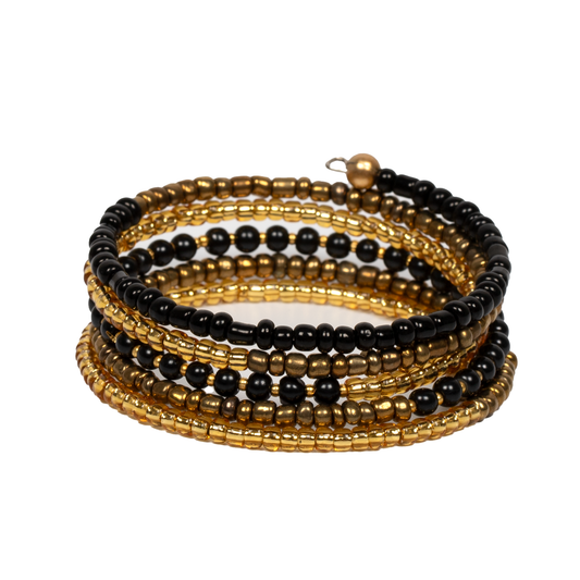Spiral bead bracelet Bali handmade boho artisan jewelry in black and gold