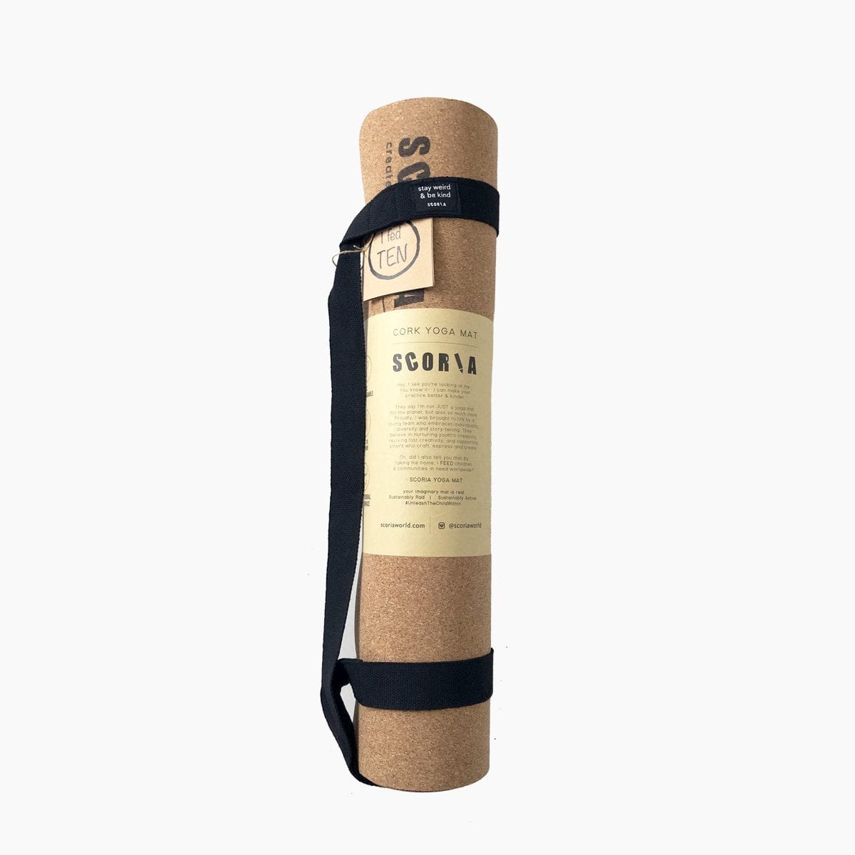 rolled up extra tall cork yoga mat with carrying strap