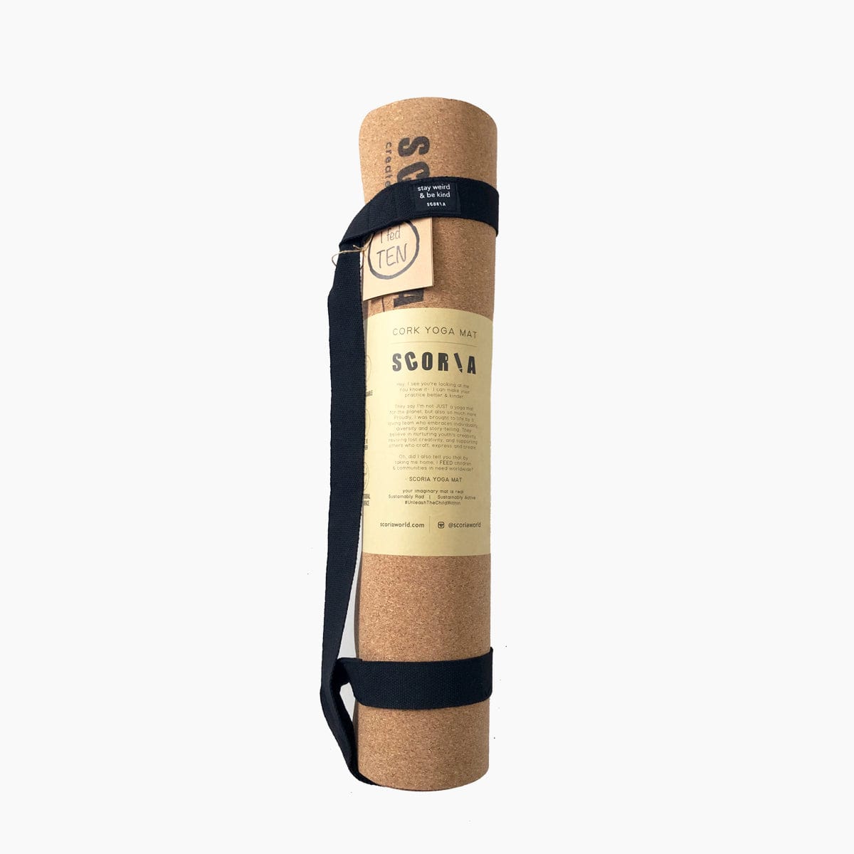 Cork yoga mat with a strap on a white background