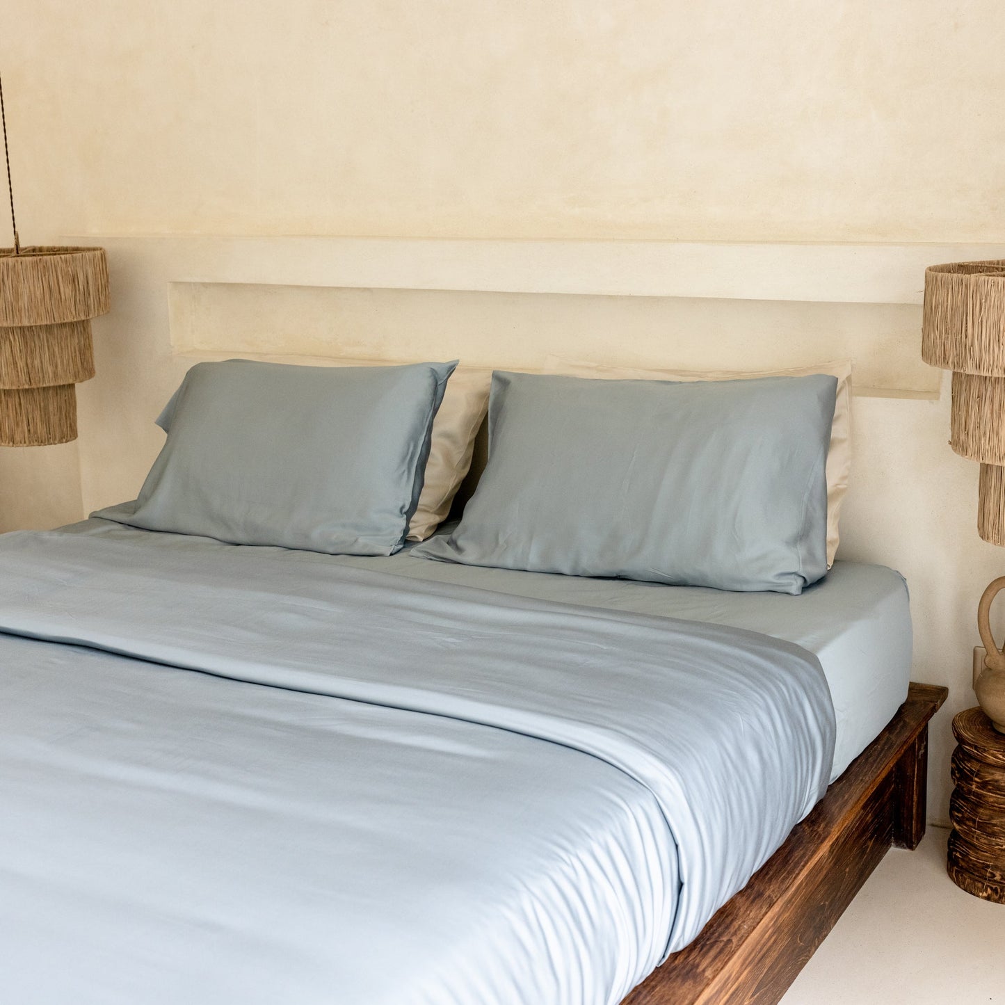 Bamboo sateen duvet cover styled bed — self-care gift for her