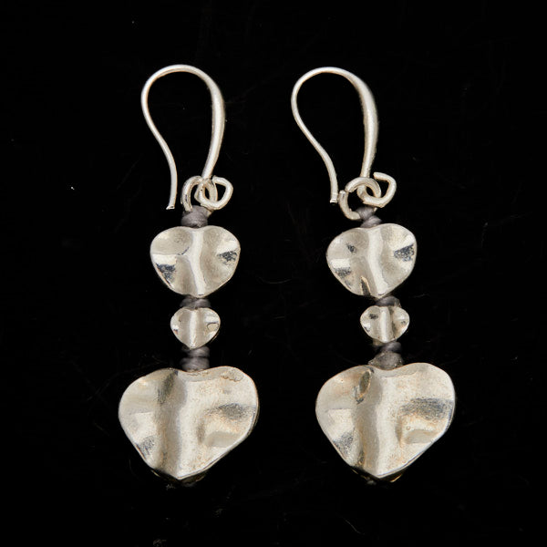 Silver plate double drop heart earrings dangle romantic jewelry close up 