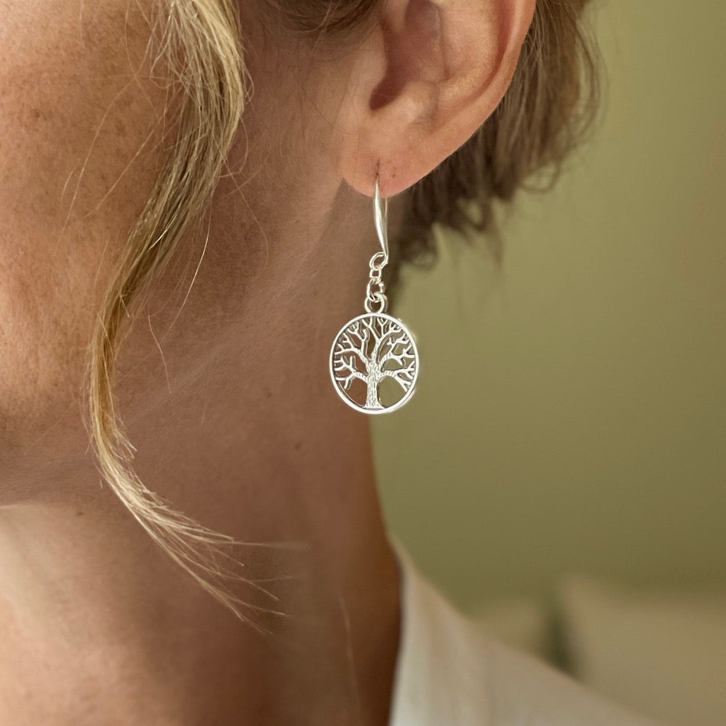 Silver plate tree of life charm earrings  in womans ear spiritual boho jewelry