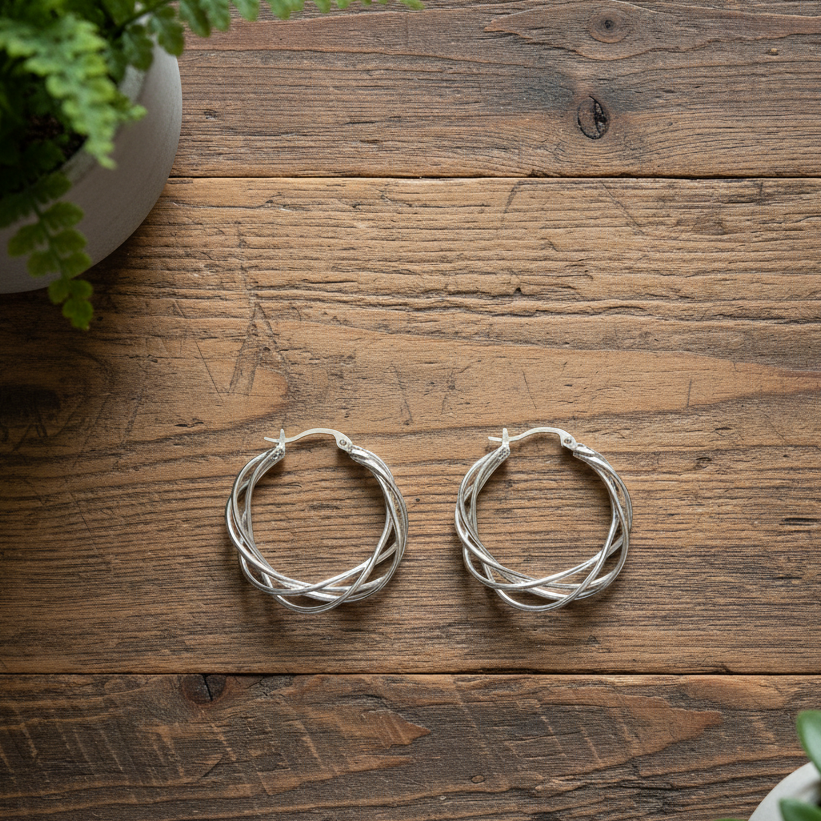 Silver plate twist drop earrings minimalist artisan jewelry
 on wooden surface