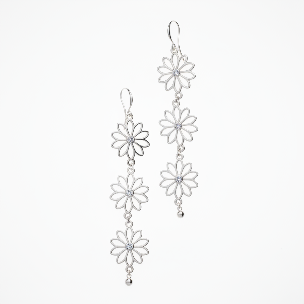 Silver plate triple flower drop earrings boho floral jewelry handmade in Bali