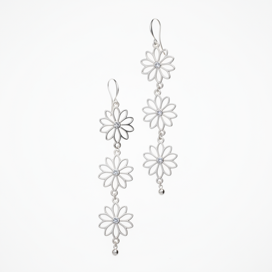 Silver plate triple flower drop earrings boho floral jewelry handmade in Bali