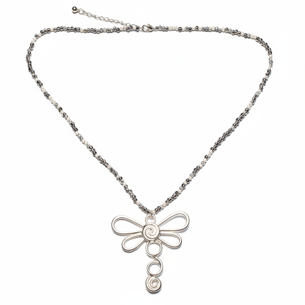 Silver dragonfly necklace with cube chain Bali handmade boho artisan jewelry