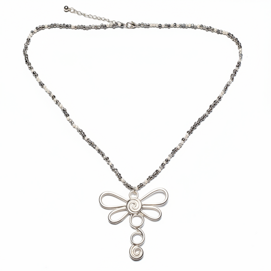 Silver dragonfly necklace with cube chain Bali handmade boho artisan jewelry