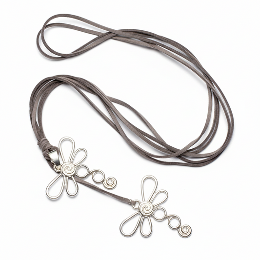 Silver plate double dragonfly necklace on suede Bali handmade boho jewelry