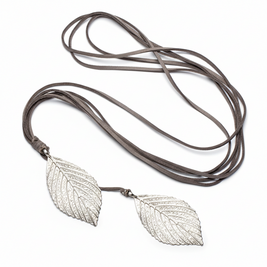 Silver plate double leaf necklace on suede Bali handmade boho jewelry