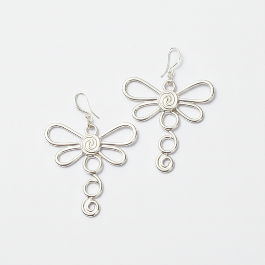 Silver plate large dragonfly drop earrings nature boho jewelry hand made in Bali 