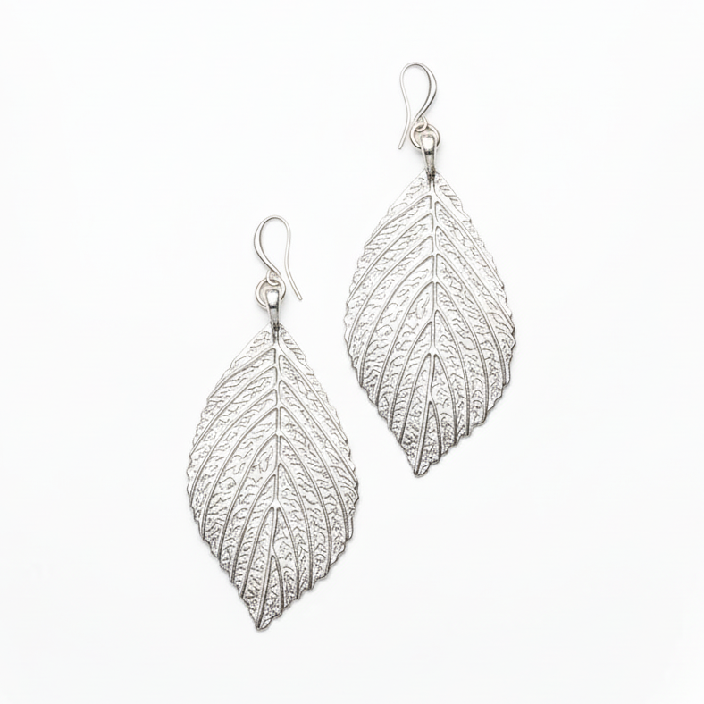 Silver plate large leaf drop earrings boho artisan jewelry up close view