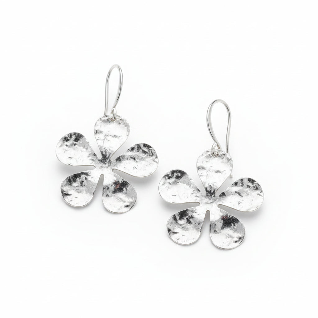 Gold plate hammered flower drop earrings artisan boho jewelry
