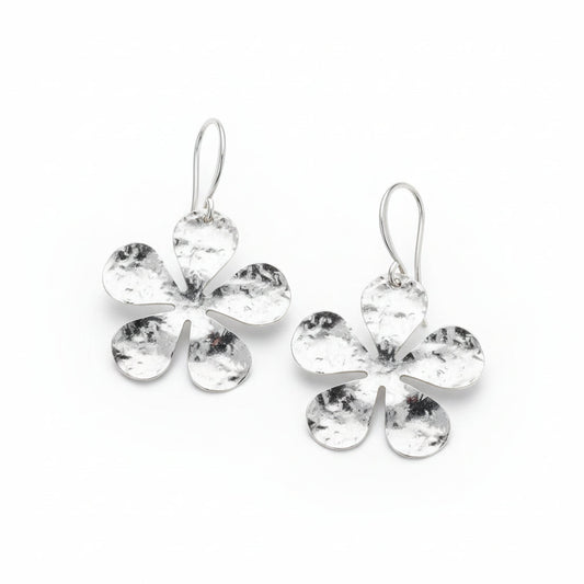 Gold plate hammered flower drop earrings artisan boho jewelry