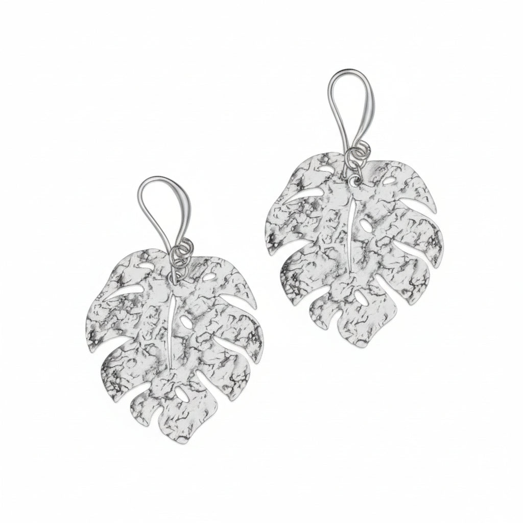 Silver plate hammered leaf drop earrings nature boho jewelry handmade