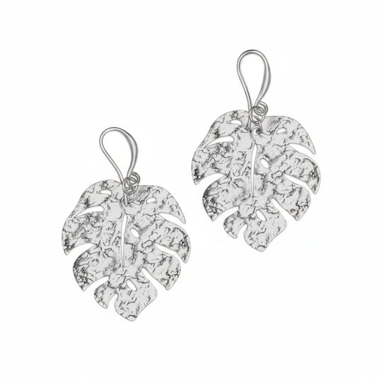 Silver plate hammered leaf drop earrings nature boho jewelry handmade