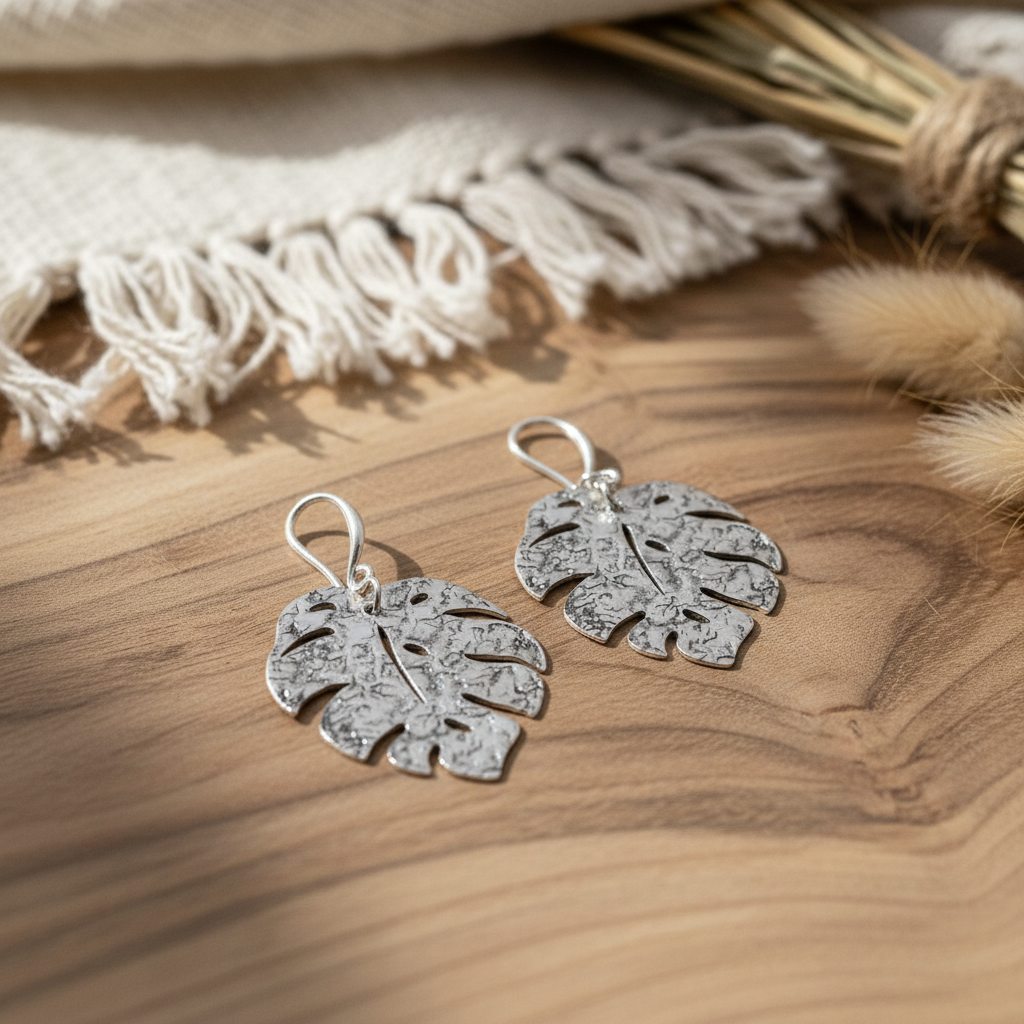 Silver plate hammered leaf drop earrings handmade nature boho jewelry