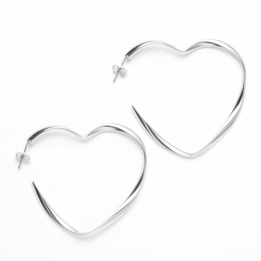 Silver plate large heart hoop earrings romantic statement jewelry handmade in Bali