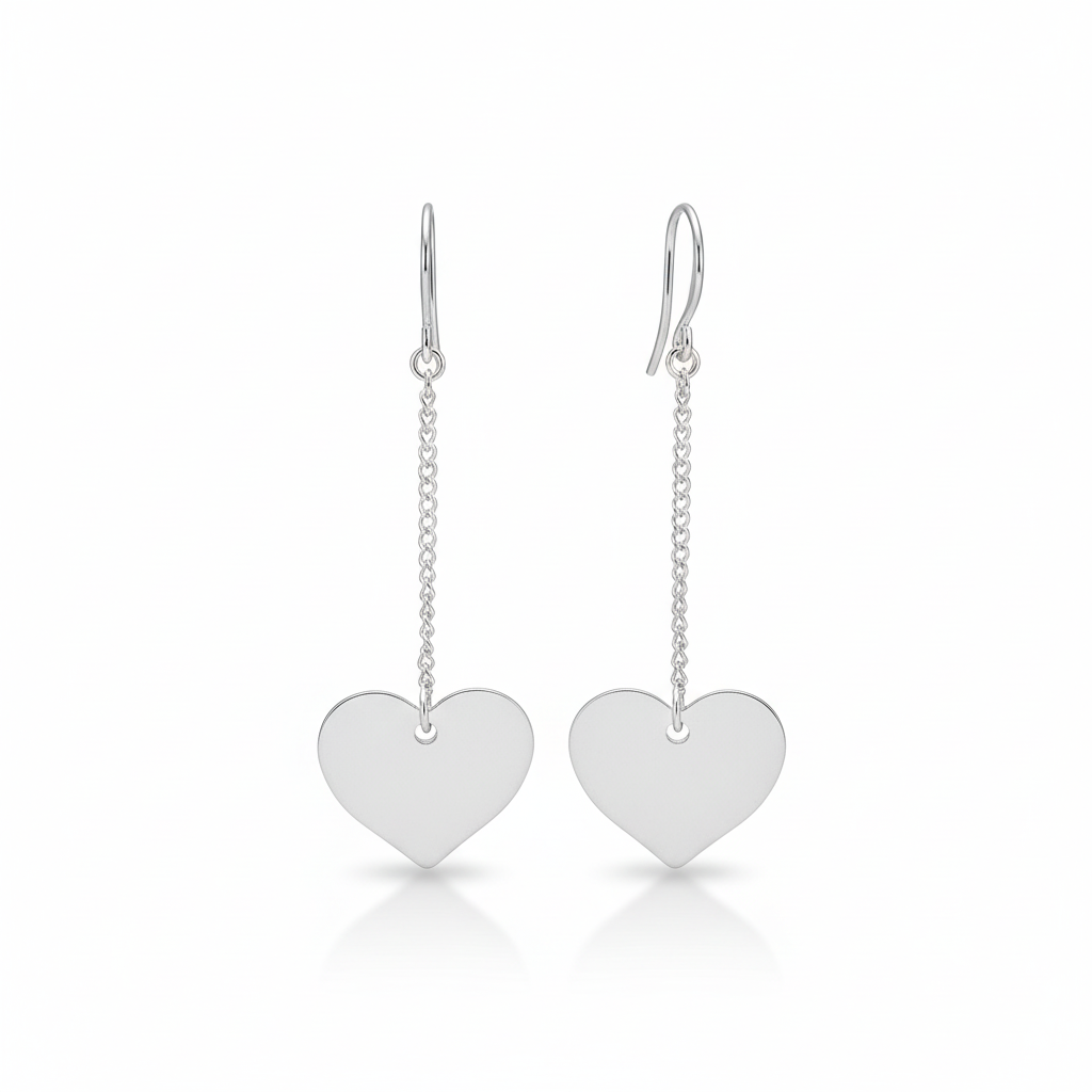 Silver plate drop chain heart earrings dangle romantic jewelry