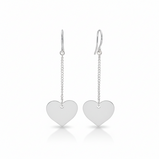 Silver plate drop chain heart earrings dangle romantic jewelry
