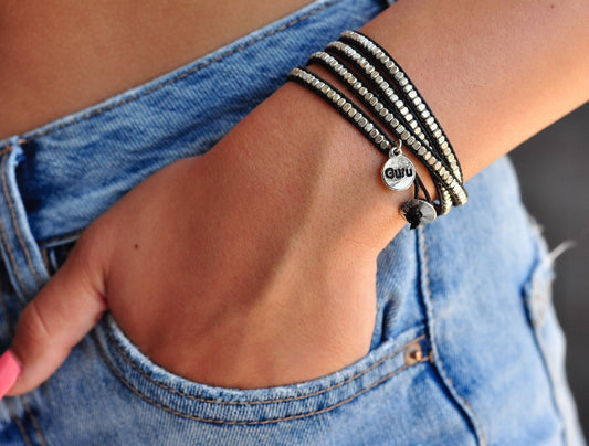 Handcrafted black double wrap bracelet — ethically sourced bohemian jewelry made in India