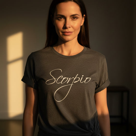 Women's Scorpio water sign t-shirt — intense, intuitive, fiercely loyal — October November birthday gift for her