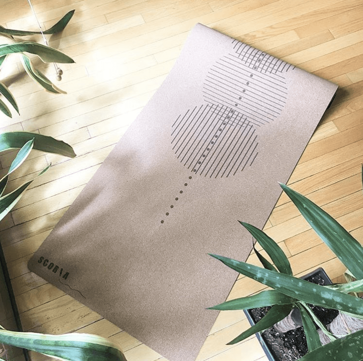 cork yoga mat with geometric design and branding on a wooden floor with plants