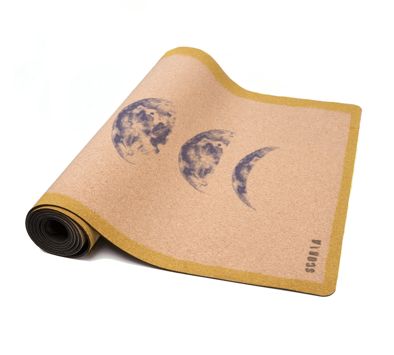 Cork yoga mat with moon phase design half rolled-up on a white background