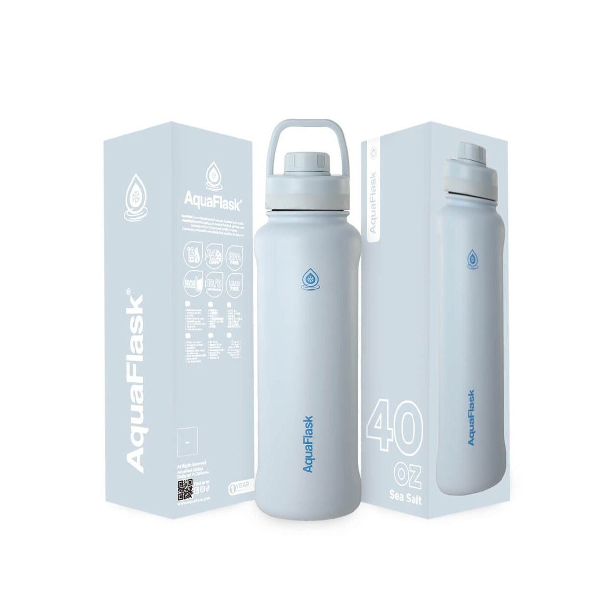 blue AquaFlask 40oz sports bottle for camping, hiking and outdoor exploration
