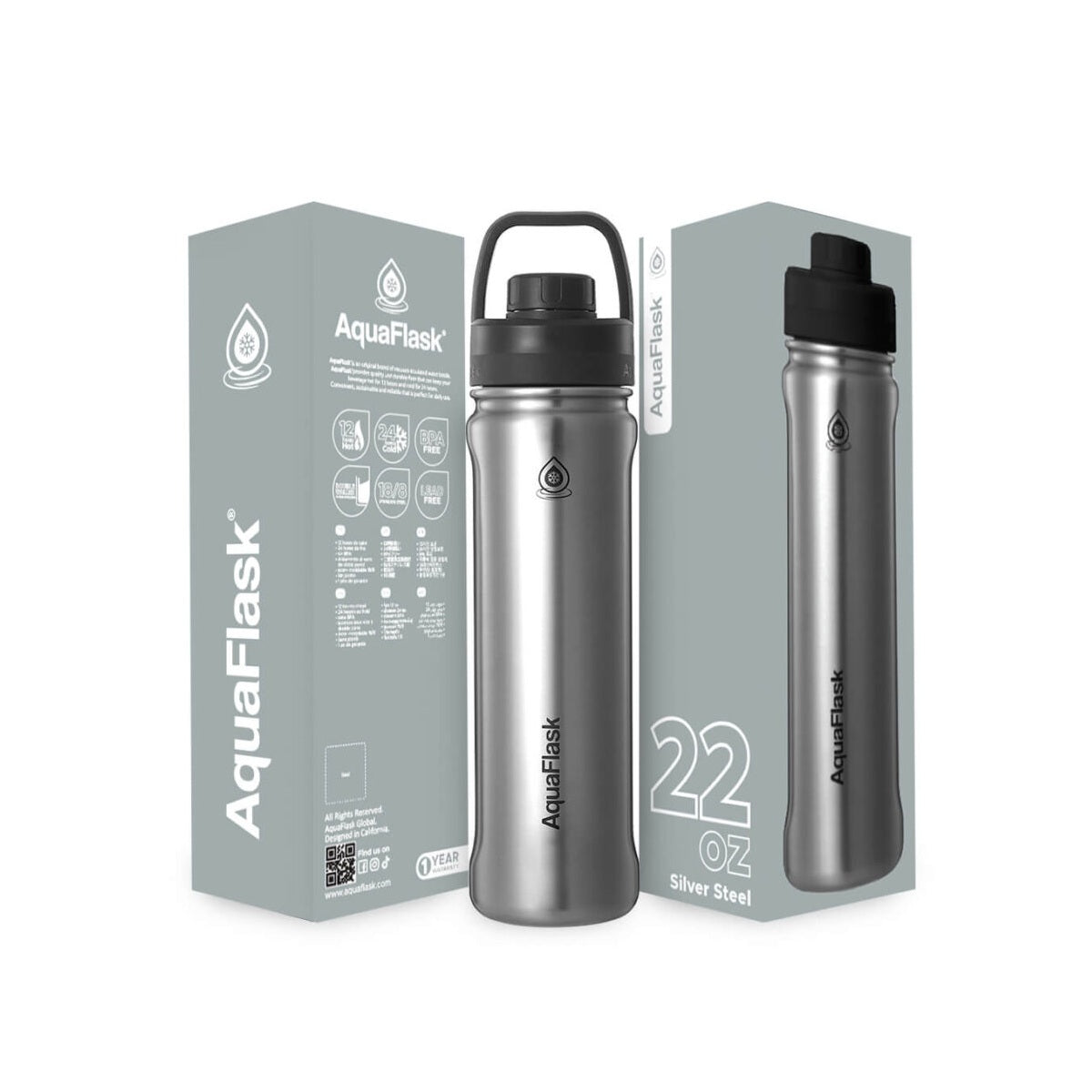 silver AquaFlask Sports 22oz close-up showing premium powder coat finish