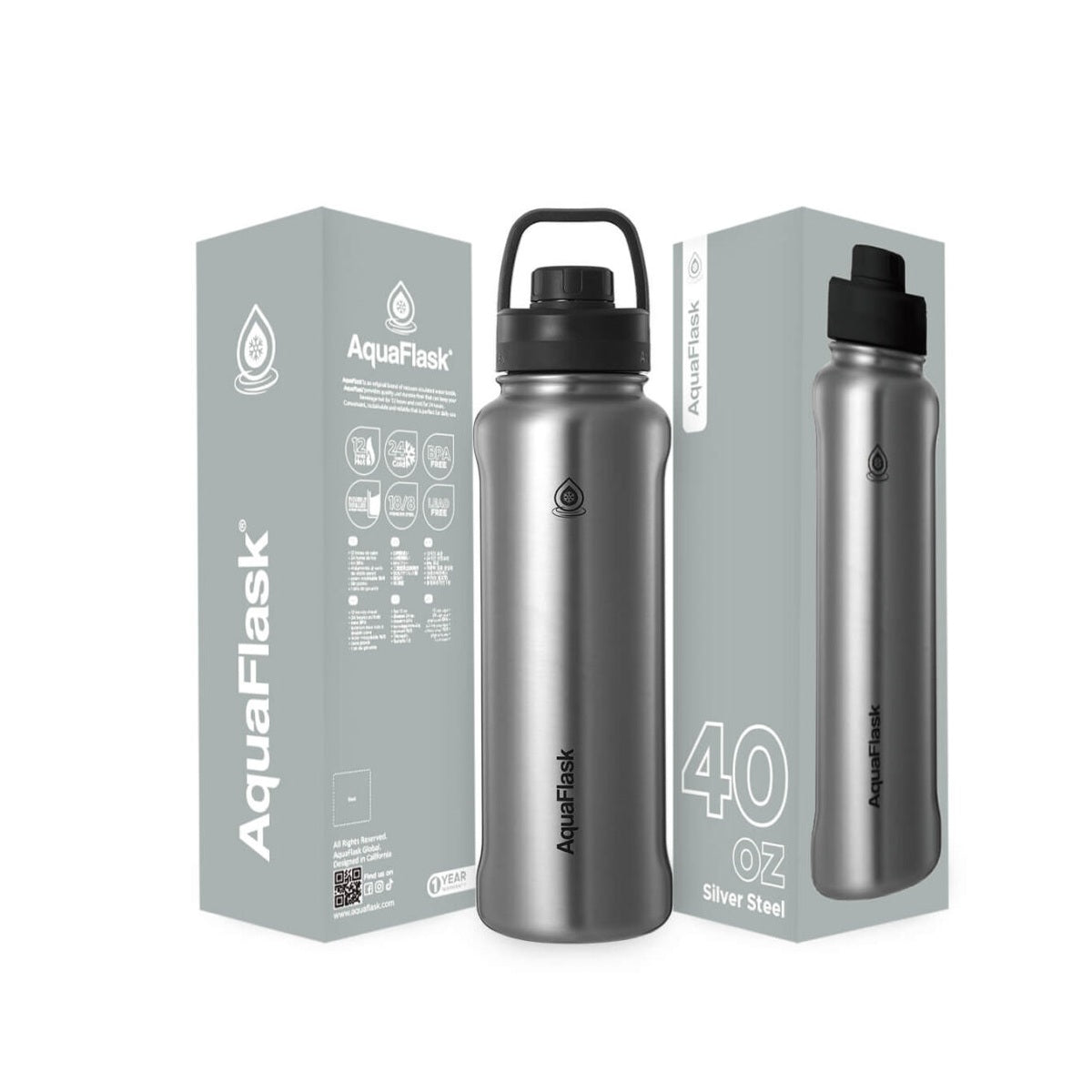 silver Leak-proof AquaFlask 1080ml sports bottle for reducing single-use plastic