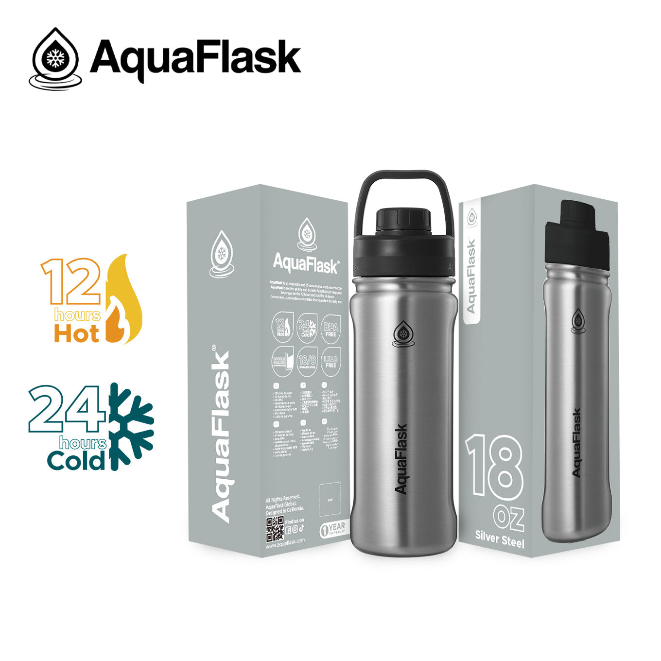 silver AquaFlask Original 18oz in vibrant colour close-up detail