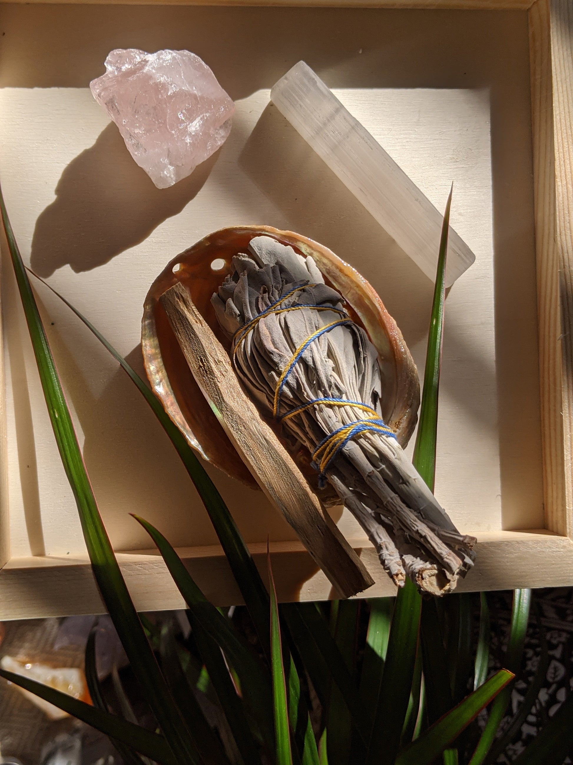 Starter smudge kit with white sage and crystals for cleansing and positive energy rituals