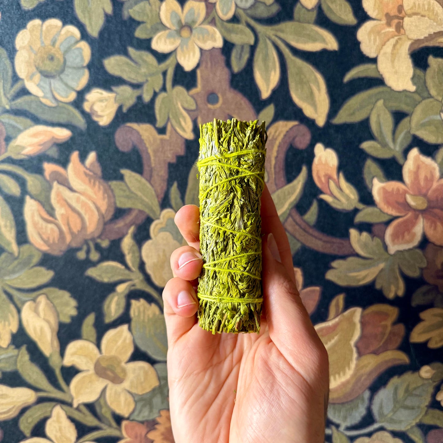 Hand holding a bundle of patchouli sage against a floral patterned background