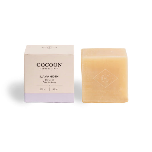 Cocoon Lavandin bar soap with packaging on a white background