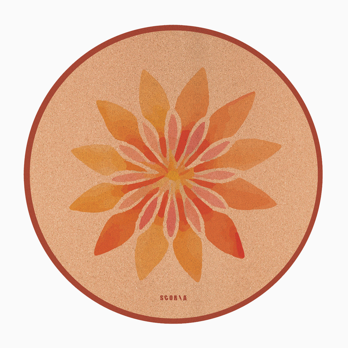 Round cork mat with a floral design in orange and pink on a beige background