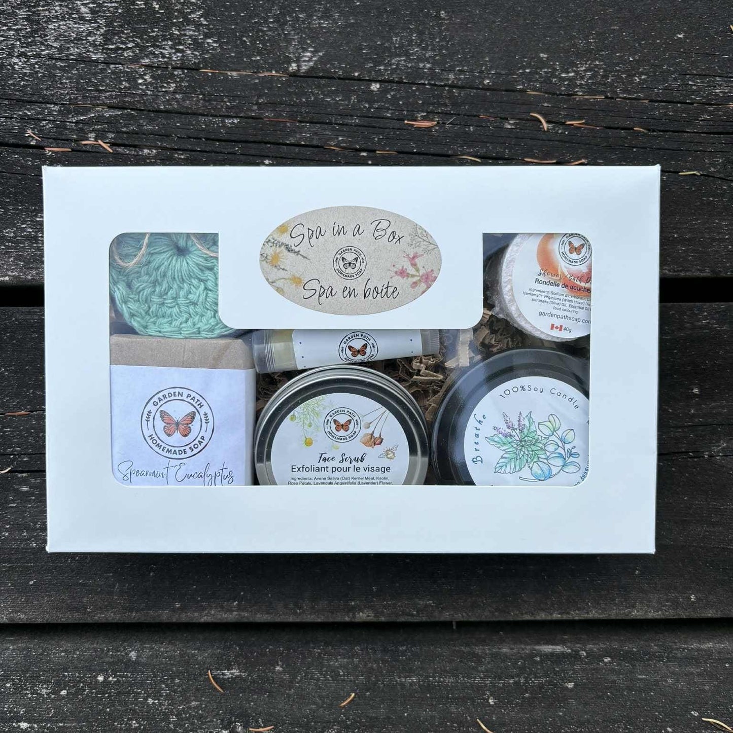 Garden Path Spa in a Box natural gift set — handmade soap, soy candle, lip balm, facial scrub and bath puck in windowed gift box