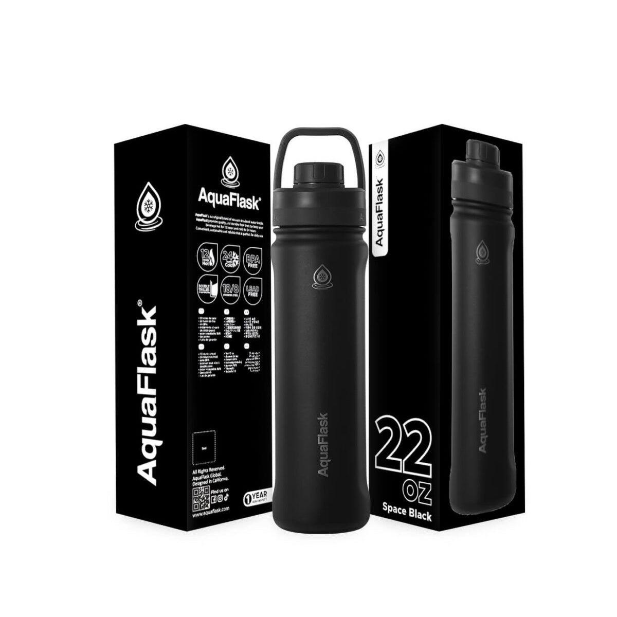 black AquaFlask Sports 650ml in outdoor adventure and trail running setting