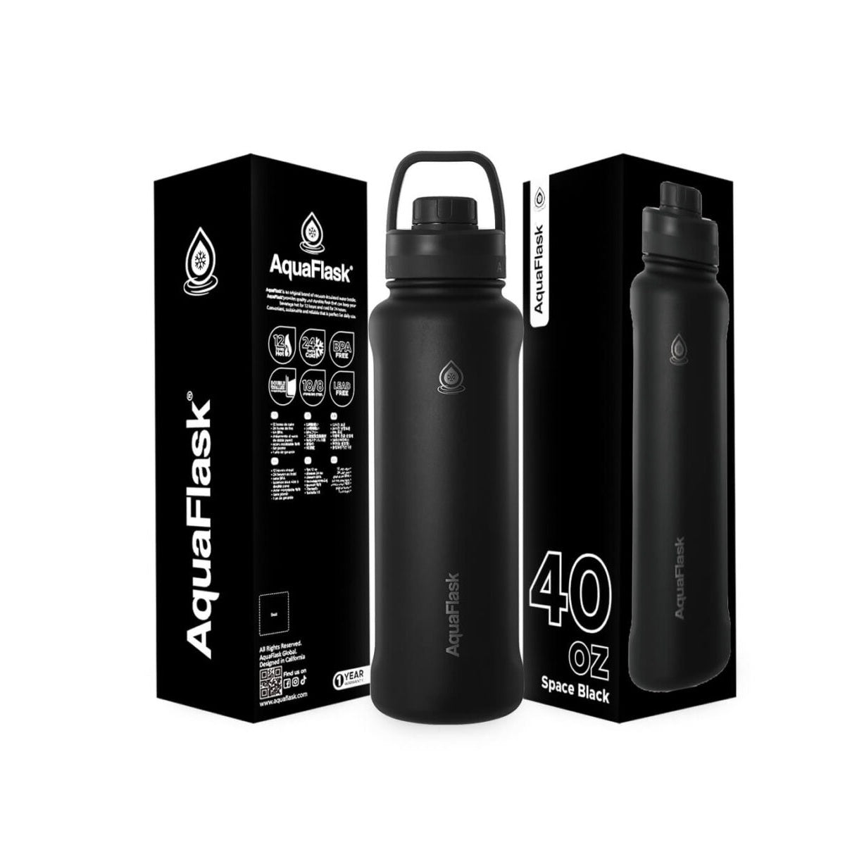  black AquaFlask 40oz sports bottle showing ergonomic design and carry loop