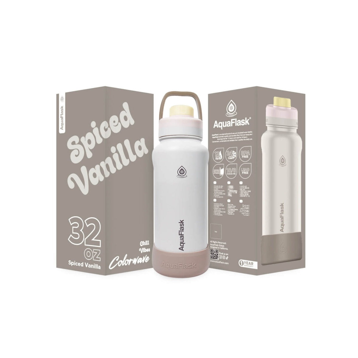white AquaFlask Colorwave 32oz showing colour variants and size options