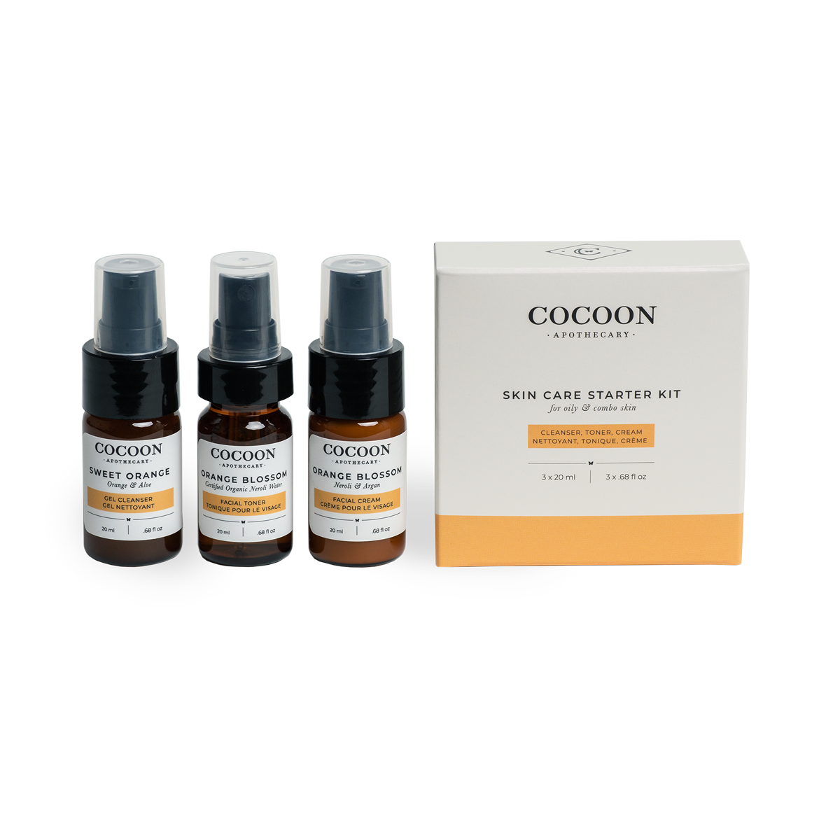 Cocoon skin care starter kit with three bottles and a box on a white background