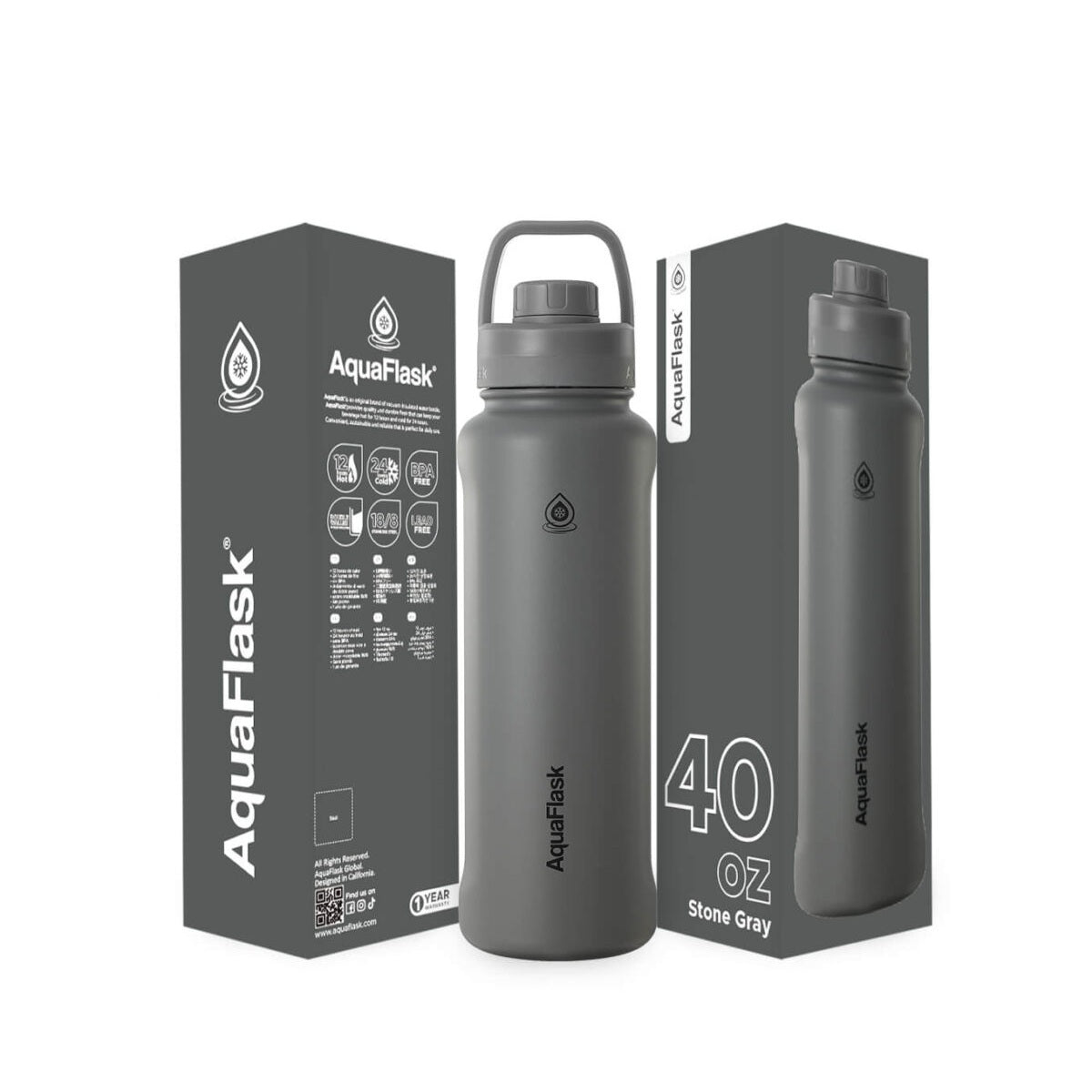 gray AquaFlask 1080ml showing wide mouth opening for easy filling and cleaning