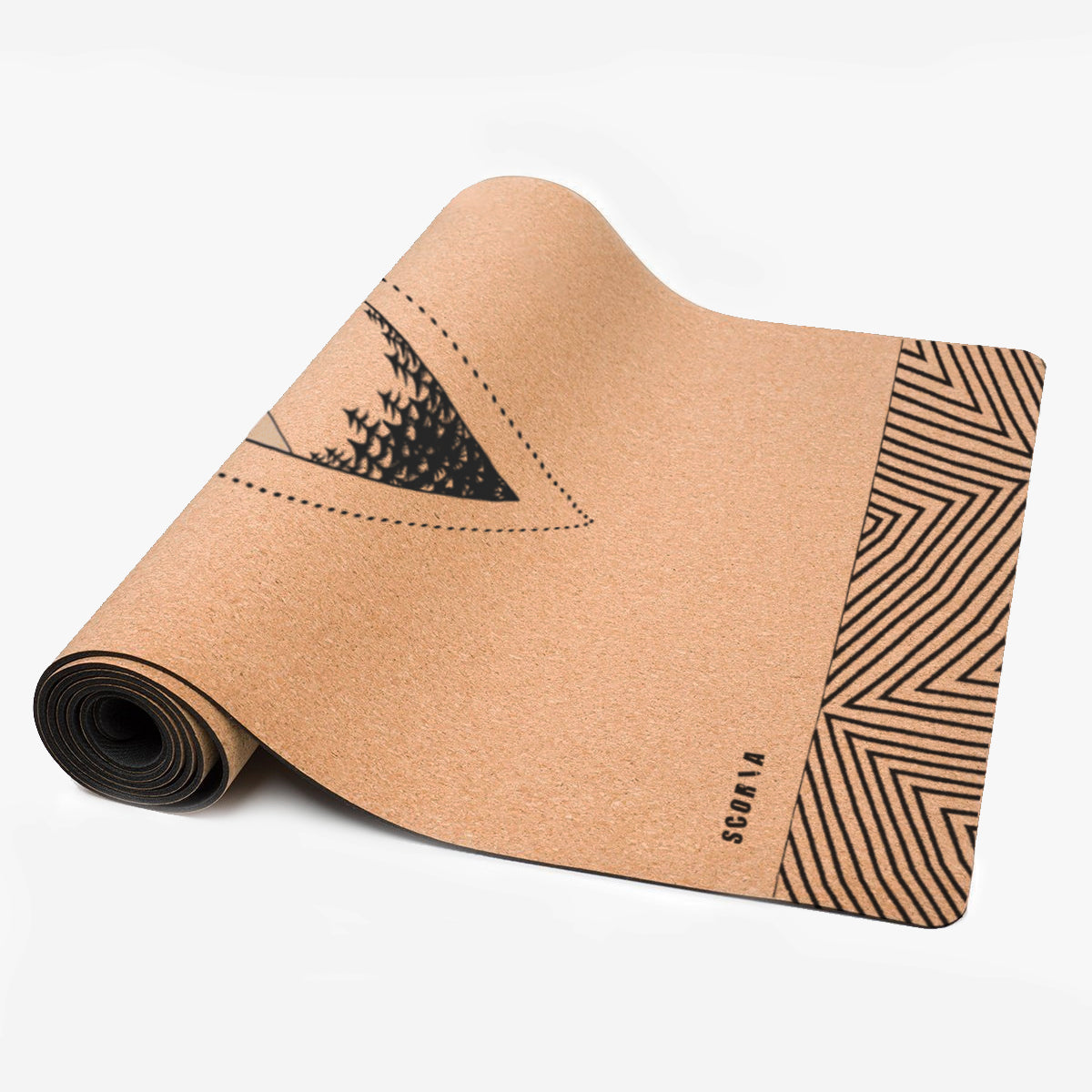 half-rolled cork yoga mat with mountain and moon design