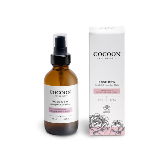 Cocoon Apothecary Rose Dew facial toner bottle and packaging on a white background
