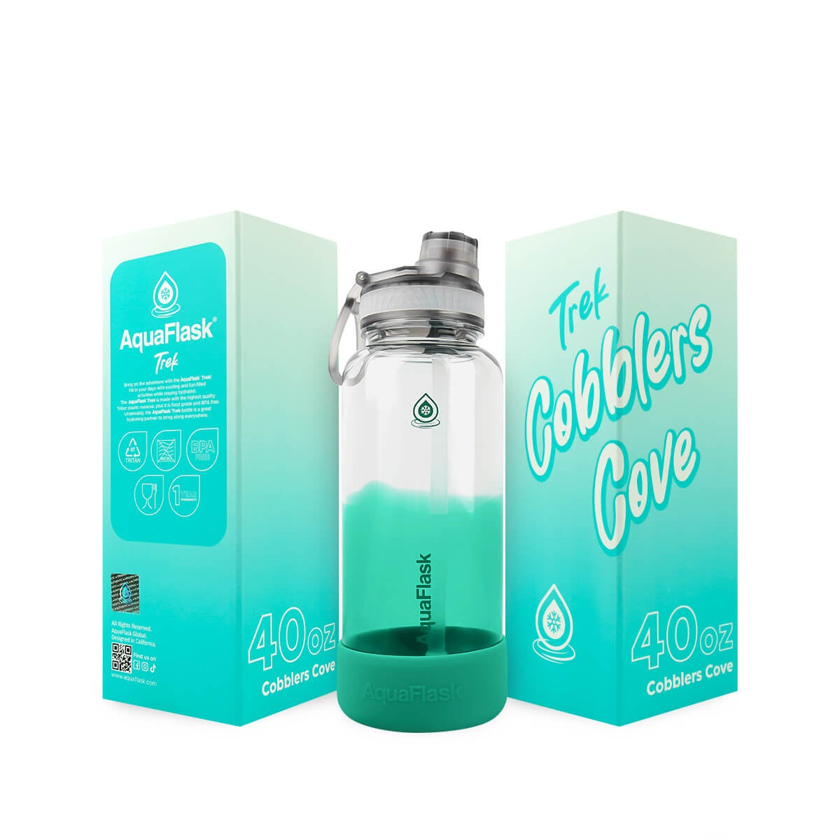 blue green AquaFlask Trek V2 40oz showing clear Tritan body and colour options