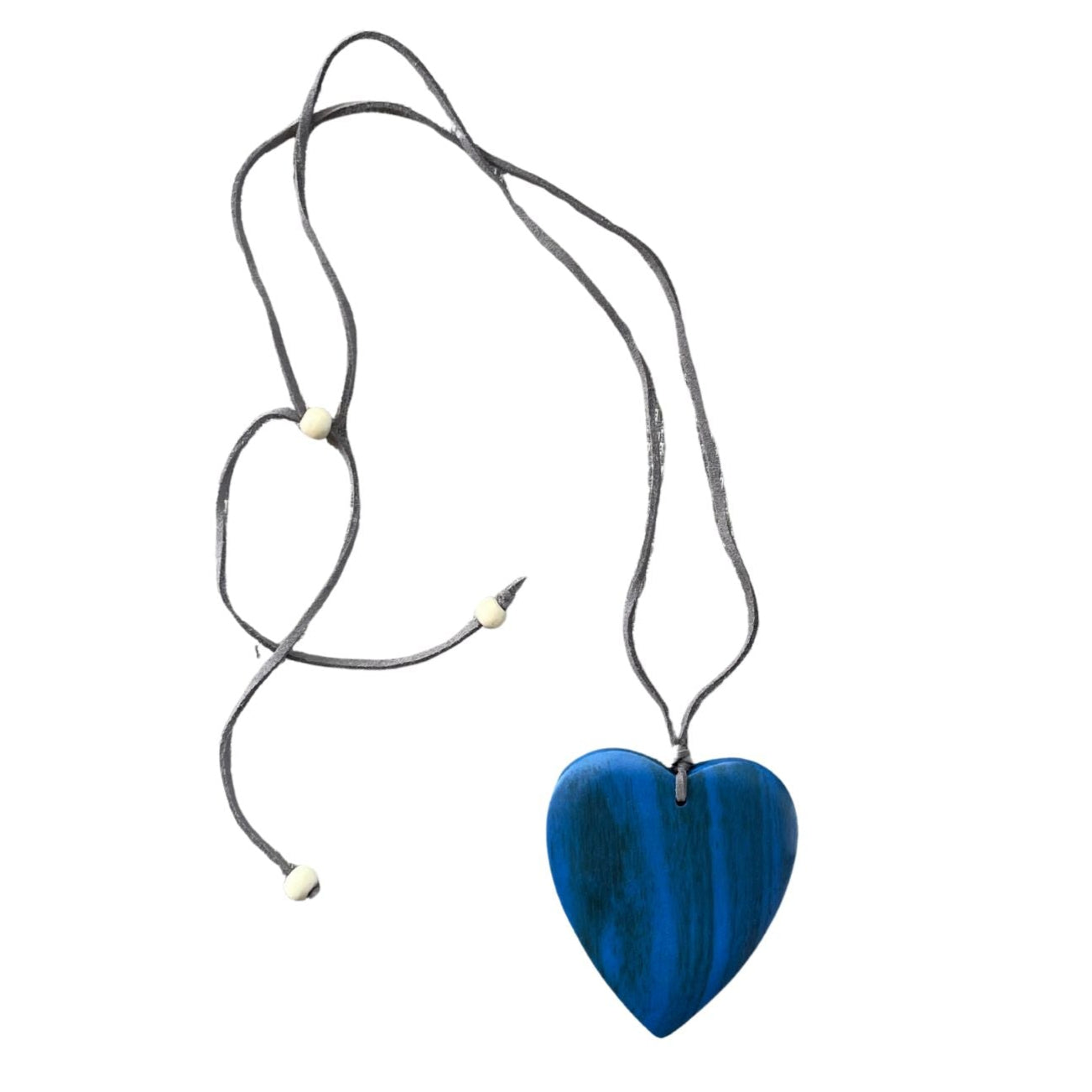 Dainty wood heart pendant necklace artisan Bali blue