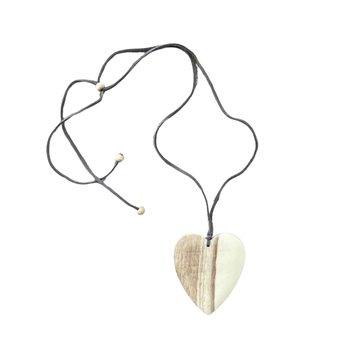 Boho wooden heart necklace handmade Bali artisan white and brown